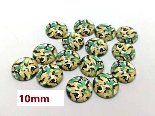 GT014 - 10 pcs Circle Camouflage Pattern Glass Round Dome Seals Tiles Cabochons - 10mm - Green Brown