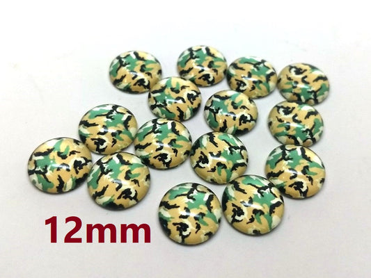 GT003 - 10 pcs Circle Camouflage Pattern Glass Round Dome Seals Tiles Cabochons - 12mm - Green Brown