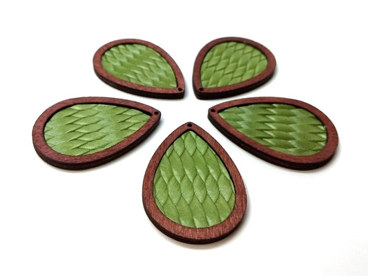 P281 - 4 pcs. Olive Green REAL Leather Cowhide over Wood Dangle Pendants - Rattan - Teardrop - 46mm (1.81") - Great for Earrings or Dangles! (Copy)