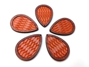 P196 - 4 pcs. Camel Brown REAL Leather Cowhide over Wood Dangle Pendants - Rattan - Teardrop - 46mm (1.81") - Great for Earrings or Dangles!