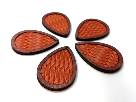 P196 - 4 pcs. Camel Brown REAL Leather Cowhide over Wood Dangle Pendants - Rattan - Teardrop - 46mm (1.81") - Great for Earrings or Dangles!