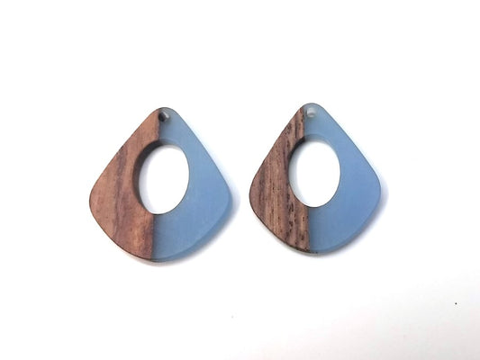 P351 - 4 pcs. Blue Resin and Wood Teardrop Flat Pendant - 33mm x 28mm - (1.3" x 1.1") - MEDIUM - Great for Earrings and Necklaces!
