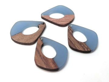 P351 - 4 pcs. Blue Resin and Wood Teardrop Flat Pendant - 33mm x 28mm - (1.3" x 1.1") - MEDIUM - Great for Earrings and Necklaces!