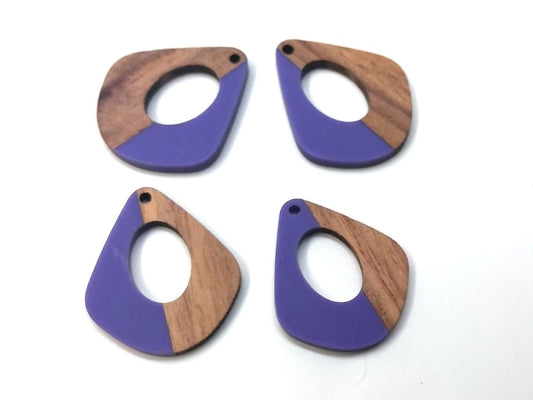 P350 - 4 pcs. Purple Resin and Wood Teardrop Flat Pendant - 33mm x 28mm - (1.3" x 1.1") - MEDIUM - Great for Earrings and Necklaces!