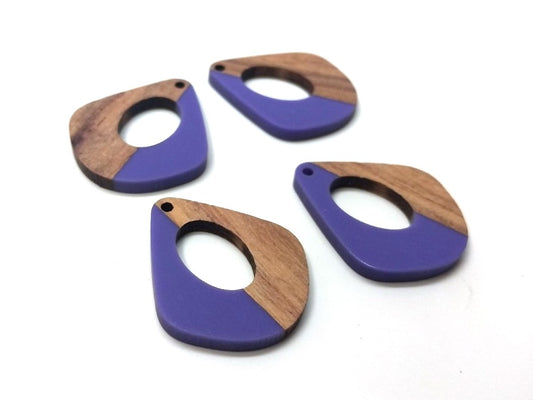 P350 - 4 pcs. Purple Resin and Wood Teardrop Flat Pendant - 33mm x 28mm - (1.3" x 1.1") - MEDIUM - Great for Earrings and Necklaces!