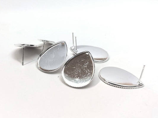E484 - 10 pcs. Silver Plated Earring Tacks Posts Studs Settings Bezels Cabochons - Teardrop - 25mm x 18mm Glue Pad Setting