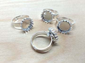 RB048 - 5 pcs. Silver Plated ADJUSTABLE Cabochon Setting Bezel RING bases settings - Ring Size 6 US - Glue Pad 12mm (0.47 in) - Filigree Pattern (Copy)