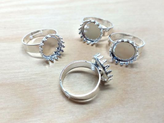 RB048 - 5 pcs. Silver Plated ADJUSTABLE Cabochon Setting Bezel RING bases settings - Ring Size 6 US - Glue Pad 12mm (0.47 in) - Filigree Pattern (Copy)