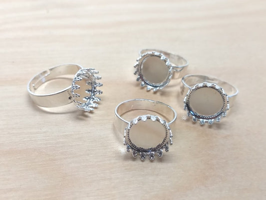 RB048 - 5 pcs. Silver Plated ADJUSTABLE Cabochon Setting Bezel RING bases settings - Ring Size 6 US - Glue Pad 12mm (0.47 in) - Filigree Pattern (Copy)