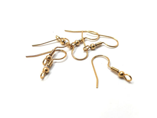 E807 - 50 pcs 304 Stainless Steel Gold Plated Earring Hooks with Spring and Ball - 22mm x 17mm - Hole Size: 2.3mm - Perpendicular Loop
