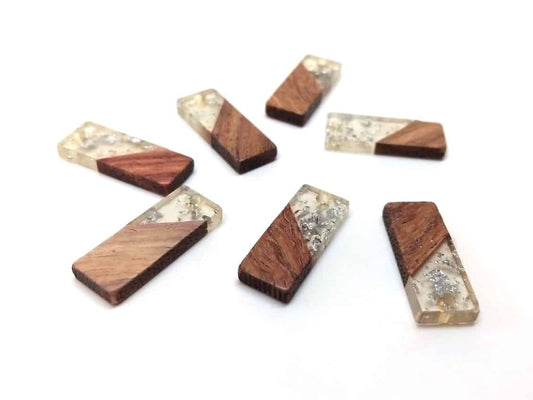 MP0035 - 4 pcs. Silver Foil and Clear Resin and Wood Rectangle Flat Pendant - 23mm x 9mm - (0.91" x 0.4") - SMALL