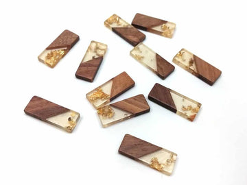MP0034 - 4 pcs. Gold Foil and Clear Resin and Wood Rectangle Flat Pendant - 23mm x 9mm - (0.91" x 0.4") - SMALL