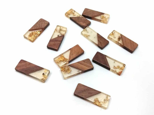 MP0034 - 4 pcs. Gold Foil and Clear Resin and Wood Rectangle Flat Pendant - 23mm x 9mm - (0.91" x 0.4") - SMALL