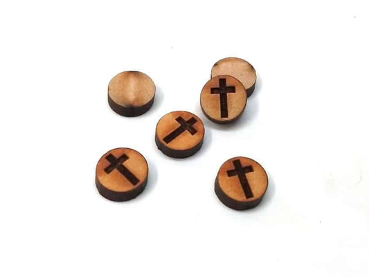 WP0002 - 10 pcs Wood Engraved Cabochons - Cross - 12mm - Flat Coin Circle