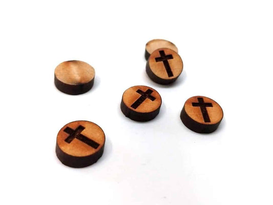 WP0002 - 10 pcs Wood Engraved Cabochons - Cross - 12mm - Flat Coin Circle