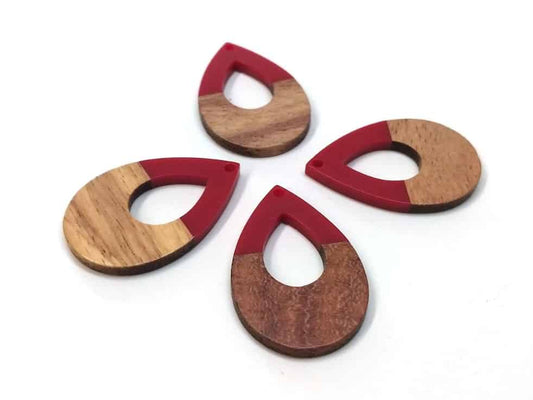 RW0013 - 4 pcs. Red Resin and Wood Teardrop Flat Pendant - 38mm x 26mm - (1.5" x 1.02") - LARGE - Great for Earrings and Necklaces!