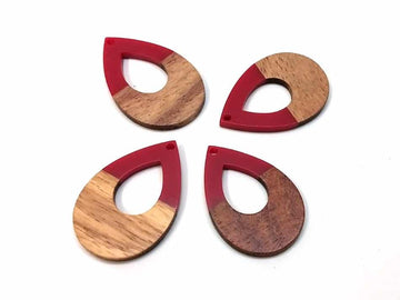 RW0013 - 4 pcs. Red Resin and Wood Teardrop Flat Pendant - 38mm x 26mm - (1.5" x 1.02") - LARGE - Great for Earrings and Necklaces!