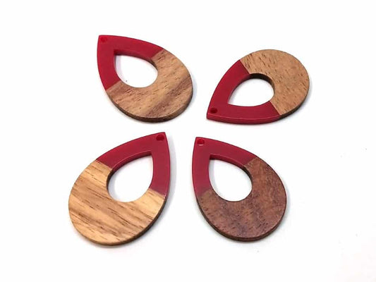 RW0013 - 4 pcs. Red Resin and Wood Teardrop Flat Pendant - 38mm x 26mm - (1.5" x 1.02") - LARGE - Great for Earrings and Necklaces!