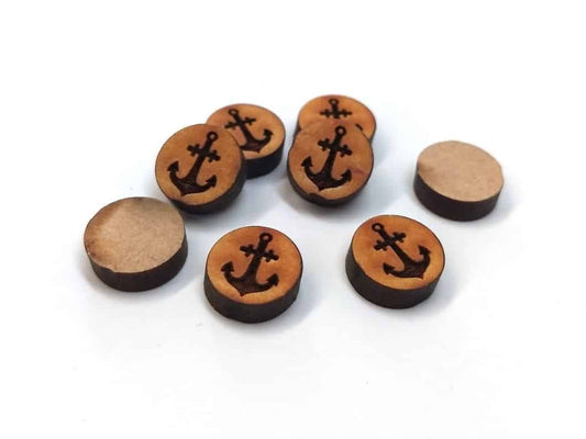 WP0003 - 10 pcs Wood Engraved Cabochons - Anchor - 12mm - Flat Coin Circle