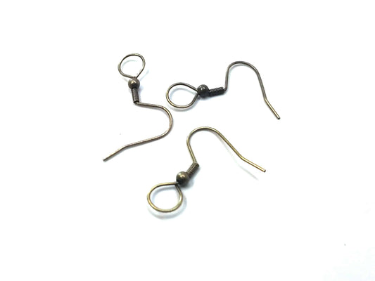 E848 - 100 pcs Antique Bronze Earring Hooks with Spring and Ball - 25mm x 20mm - Parallel Loop  - Large Loop: 7mm