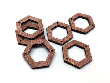 WP0006 - 6 pcs. Brown Wood Hexagon Flat Connectors – 28mm x 25mm
