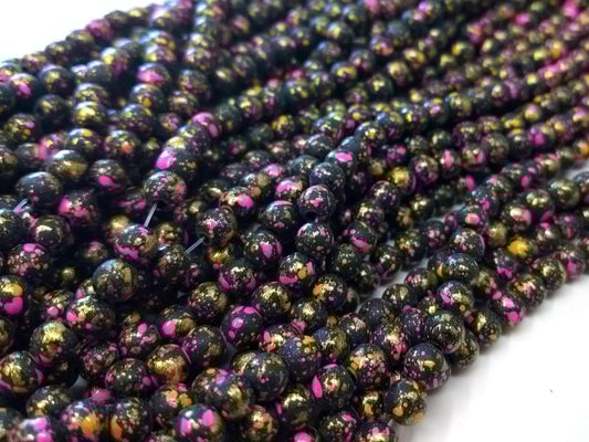 BD844 - 130 pcs Black Pink Gold Pearl Glass Painted Round Loose Beads - 6mm - Hole: 1mm - 31.4" strand