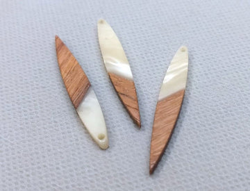 RW0035 - 4 pcs. Starry White Resin and Wood Mandorla Flat Pendant - 43mm x 7mm - Great for Earrings and Necklaces!