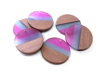 RW0045 - 4 pcs. Pink Gray Resin and Brown Wood Round Flat Pendant - 28mm - (1.1")