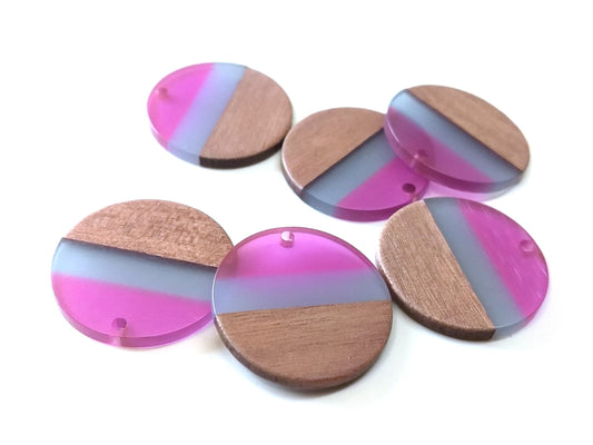 RW0045 - 4 pcs. Pink Gray Resin and Brown Wood Round Flat Pendant - 28mm - (1.1")