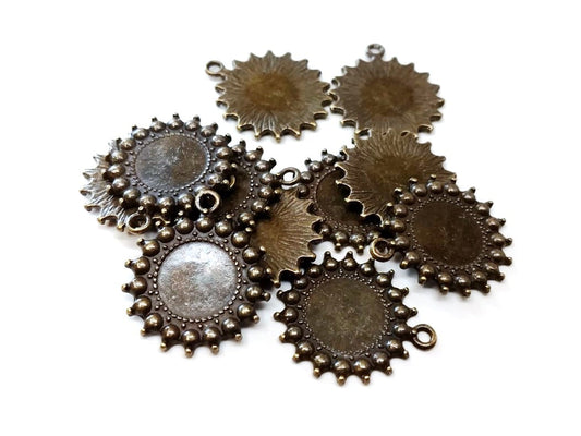 MP0052 - 10 pcs. Antique Bronze Circle Round Bezel Cabochon Pendant Tags Trays - 14mm Glue Pad Settings - Ball Frame Design