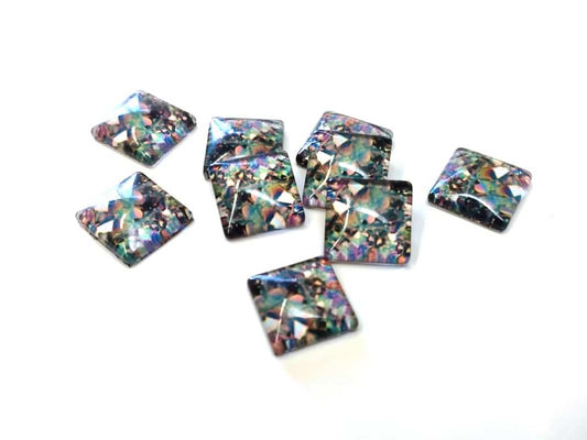 GT028 - 10 pcs Square Abstract Glass Round Dome Seals Tiles Cabochons - 12mm - Multicolor