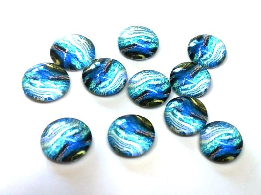 GT026 - 10 pcs Circle Abstract Glass Round Dome Seals Tiles Cabochons - 12mm - Blue Teal Multicolor
