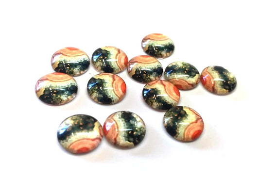 GT023 - 10 pcs Circle Abstract Glass Round Dome Seals Tiles Cabochons - 12mm - Orange Black Multicolor