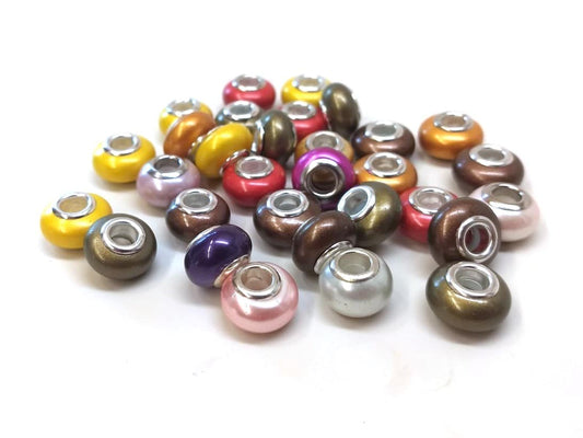 BD895 - 10 pcs Assortment of Shell Pearl Rondelle Spacer Beads with Silver Plated Core - 14mm - Large Hole: 5mm - Fits European Cords and Paracord