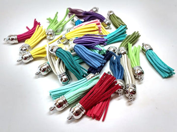 MP0058 - 10 pcs. Assortment of Faux Suede Tassel Dangle Charms Pendants - Silver Tone - 5.8cm (2.3") x 1.2cm (1/2") - Great for Dangles
