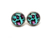 LTE24 - 2 pcs (1 pair) 304 Stainless Steel Earring Studs - 12mm Glass Tiles - 14mm Diameter with Edge - Teal and Pink Leopard - Hypoallergenic!