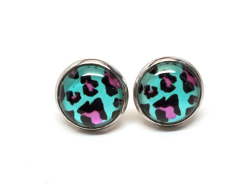 LTE24 - 2 pcs (1 pair) 304 Stainless Steel Earring Studs - 12mm Glass Tiles - 14mm Diameter with Edge - Teal and Pink Leopard - Hypoallergenic!