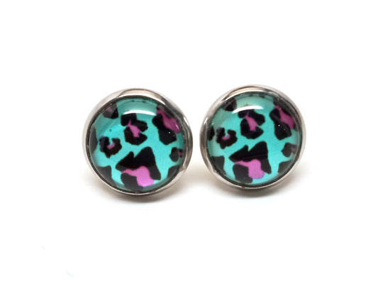 LTE24 - 2 pcs (1 pair) 304 Stainless Steel Earring Studs - 12mm Glass Tiles - 14mm Diameter with Edge - Teal and Pink Leopard - Hypoallergenic!