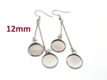 E046 - 4 pcs. 304 Stainless Steel Silver Tone Earring Dangle Hooks Settings Bezels Cabochons - 12mm Glue Pad Settings - Double Bar