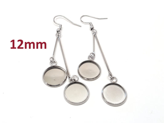 E046 - 4 pcs. 304 Stainless Steel Silver Tone Earring Dangle Hooks Settings Bezels Cabochons - 12mm Glue Pad Settings - Double Bar