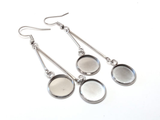 E046 - 4 pcs. 304 Stainless Steel Silver Tone Earring Dangle Hooks Settings Bezels Cabochons - 12mm Glue Pad Settings - Double Bar