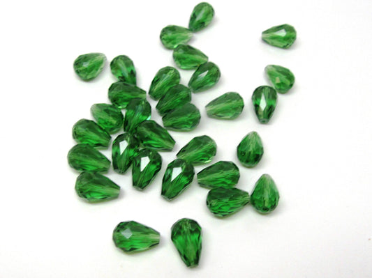 BD319 - 30 pcs Green Crystal Glass Faceted Teardrop Beads - 14mm x 10mm - Hole Size: 1.3mm