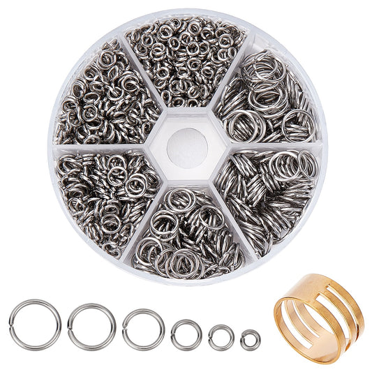 J208 - Box with Assortment of 1000pcs 304 Stainless Steel Open Jump Rings- 4mm to 10mm - 18 Gauge (1mm Thick) - Tarnish Resistant! With Jump Ring Tool