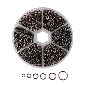 J314 - 1600 pcs. Assortment Box of Gunmetal Open Jump Rings 4mm, 5mm, 6mm, 7mm, 8mm, 10mm - 1mm-1.3mm Thick - Plastic Storage Box Included