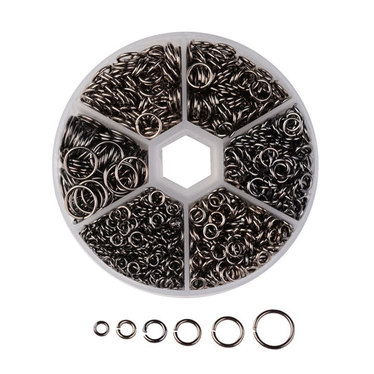 J314 - 1600 pcs. Assortment Box of Gunmetal Open Jump Rings 4mm, 5mm, 6mm, 7mm, 8mm, 10mm - 1mm-1.3mm Thick - Plastic Storage Box Included