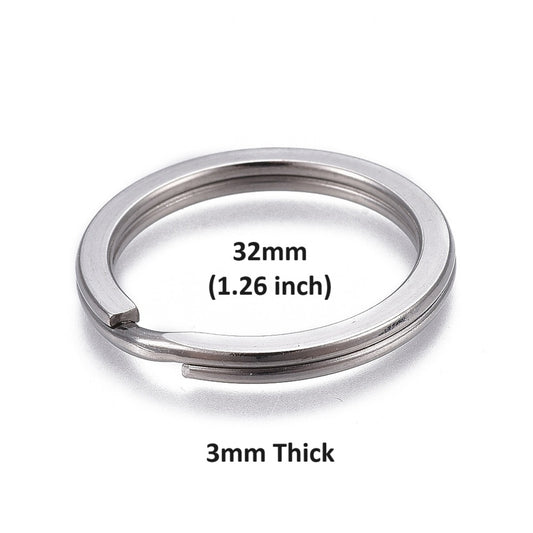 JR0016 - 10 pcs. 304 Stainless Steel Silver Tone Split Rings Key Rings - 32mm (1.26 inch) - Hypoallergenic! Tarnish Resistant! - 3mm Thick