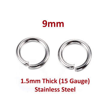 JR0021 - 100 pcs 304 Stainless Steel Open Jump Rings 9mm - 15 Gauge (1.5mm) - THICK - HEAVY - High Quality