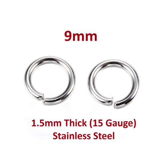 JR0021 - 100 pcs 304 Stainless Steel Open Jump Rings 9mm - 15 Gauge (1.5mm) - THICK - HEAVY - High Quality