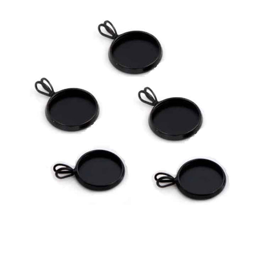 MP0057 - 10 pcs. Black Circle Round Bezel Cabochon Pendant Tags Trays - 12mm Glue Pad - 19x14mm - Double Loop