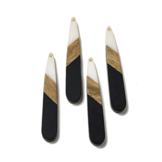RW0058 - 4 pcs. Black and White Stripe Resin and Wood Teardrop Flat Pendant - 44mm x 8mm - (1.73" x 0.32")